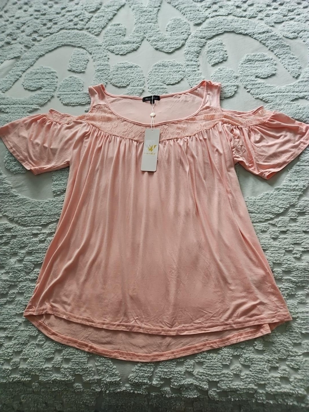 Nicole Miller Blush Pink Cold-Shoulder Lace Yoke Tunic - Picture 2 of 9